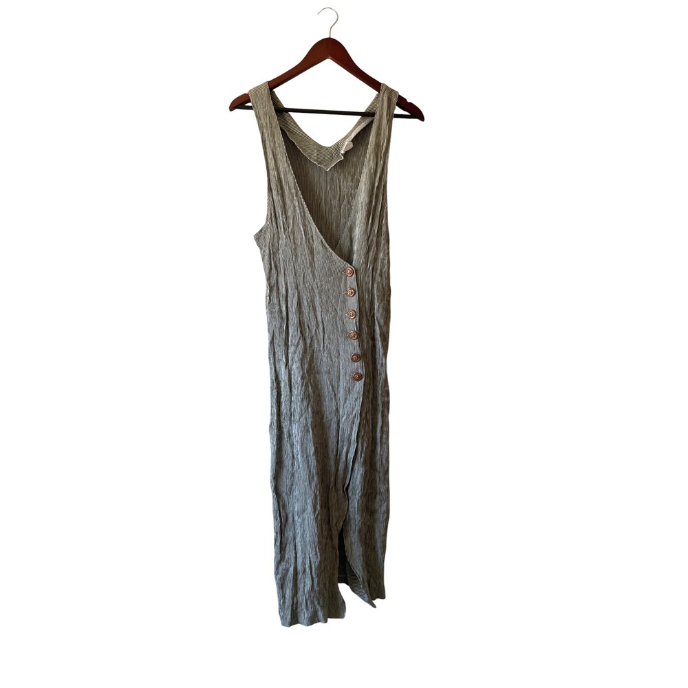 Vintage 90s Made‎ in USA Striped Crinkle Rayon Button Front Maxi Dress Xsmall